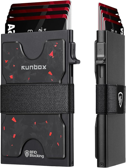 RUNBOX Slim Card Holder Wallet for Men, Minimalist RFID Blocking Wallet with Pop-Up Function, Ultra-Thin Design, Metal Business Card Cases holds 6+6 Cards, Gifts for Men, Men's Accessories
