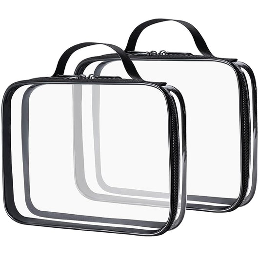 MODENGKONGJIAN TSA Approved Clear Toiletry Bag, 2 Pack Clear Quart Size Travel Makeup Cosmetic Bags with Handle Large Opening, Carry on Airport Airline Compliant Bag for Women Men (Black)