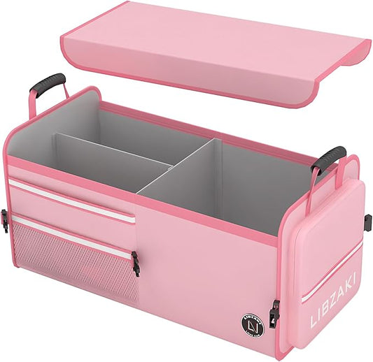 LIBZAKI Car Trunk Storage Organizer, Multi Compartment Collapsible Trunk Storage Box for Car Truck SUV-Pink