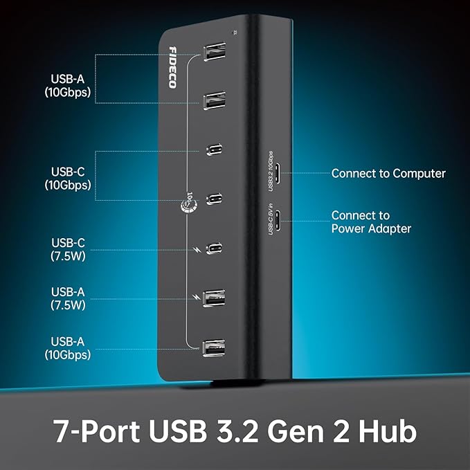 FIDECO Powered USB Hub, 7 Port 10Gbps Fast Data Hub for iPhone 16/15 and Laptop, Full Aluminum USB Splitter with 5V 3A Power Adapter, 4 USB A and 3 USB C Ports, Support BC1.2 Charging (Black)