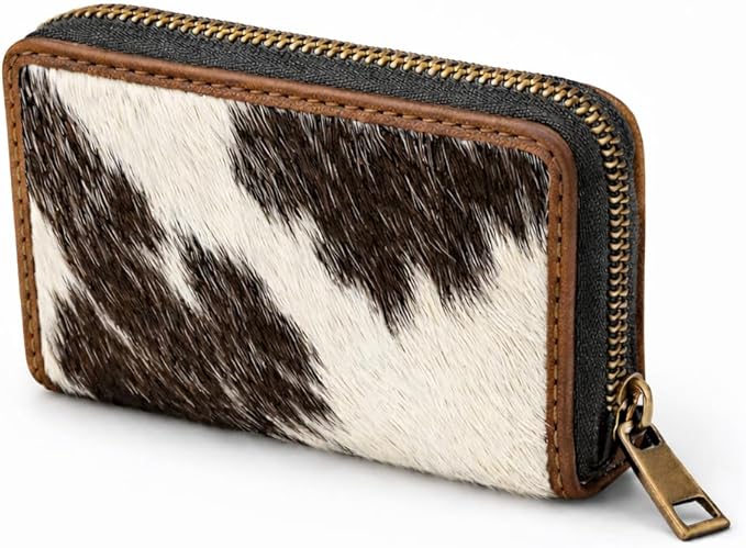 ESS Cowhide Leather Hair-On Wallet Women Small Zip Accordion Card Holder RFID Compact Organizer with Coin Pocket Secure Zipper Stylish Gift Pouch Minimal Everyday Carry