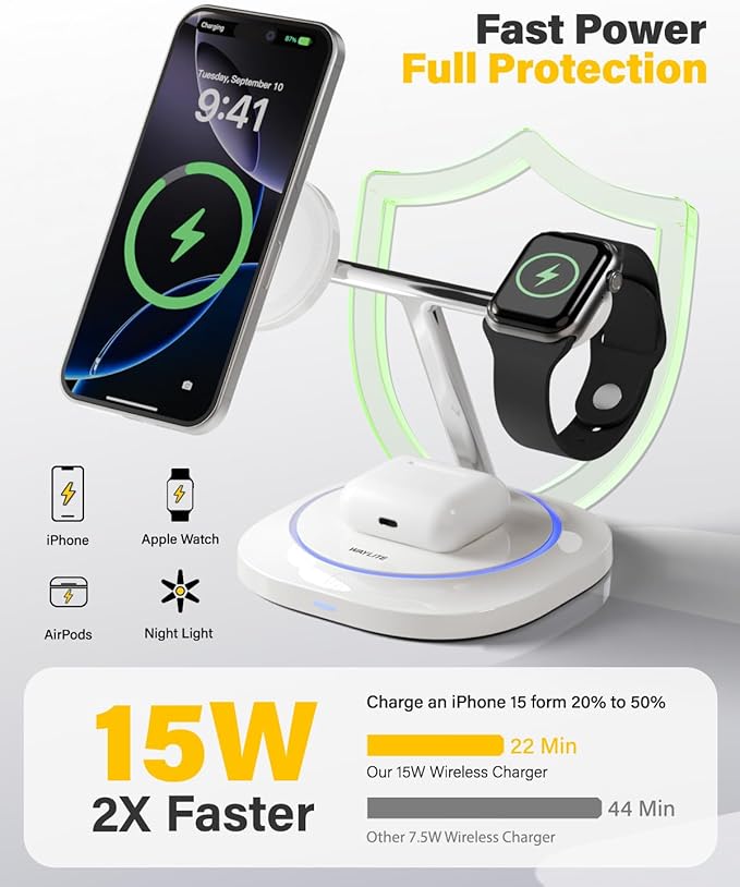 3 in 1 Magnetic Wireless Charger for Apple - Fast Charging Station Compatible with MagSafe for iPhone17-12, Apple Watch& AirPods, Phone and Watch Charger Stand for Desktop Bedside Nightstand (Ivory)