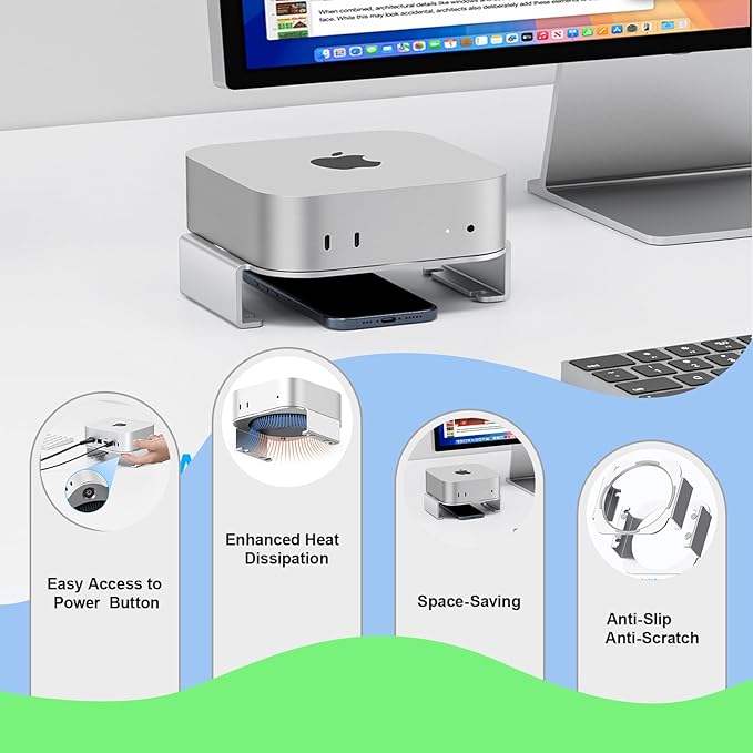 Mac mini M4 Stand - Aluminum Desktop Stand Mount, Easy Access to Power Button, Desk Organization, Enhanced Heat Dissipation Compatible with 2024 Mac mini M4 / M4 Pro