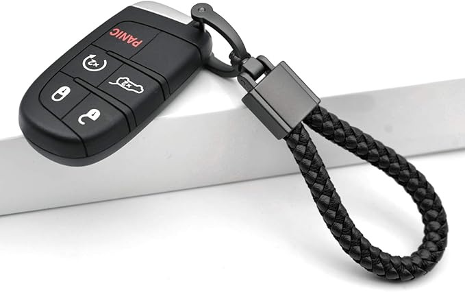 FEYOUN Universal Black Leather Car Fob Keychain Metal Keyring Woven Strap Braided Rope Key Chain for Men and Women - Matte Black Color, with 360 Degree Rotatable D-ring and Screwdriver