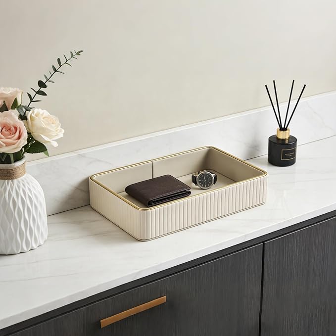 PU Leather Valet Tray,Desk Organizer Tray Nightstand Organizer Trinket Dish Storage Key Bowl Decorative Trays for Phone Wallet Jewelry Watch,Bathroom Bedroom Perfume Vanity Trays,Beige