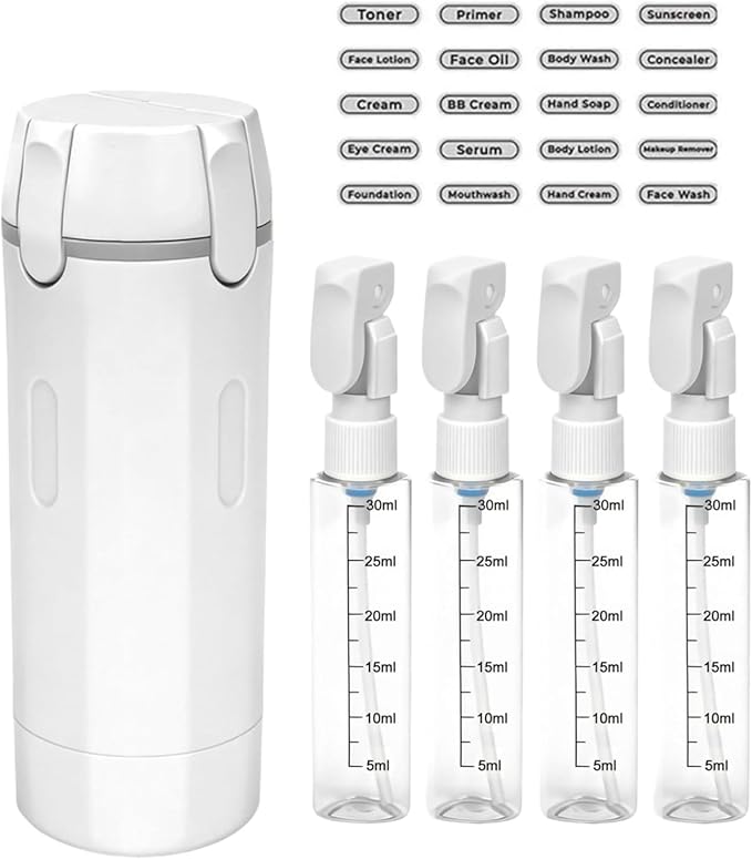 4 in 1 Travel Dispenser, 4 Pack 30ML Travel Bottles for Toiletries, Leak Proof Travel Size Containers, Portable for Shampoo Lotion Conditioner Cream (White)