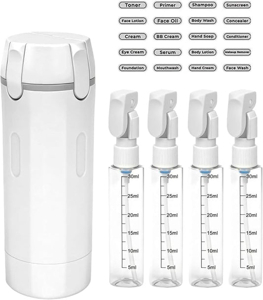 4 in 1 Travel Dispenser, 4 Pack 30ML Travel Bottles for Toiletries, Leak Proof Travel Size Containers, Portable for Shampoo Lotion Conditioner Cream (White)
