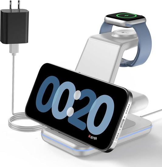 GEEKERA Wireless Charger, 3 in 1 Wireless Charging Station for iPhone Air/17/16/15/14/13/12/11/Pro Max/X/8, Phone and Watch Charger Stand for Apple Watch Ultra 3-2/11-2/SE, AirPods Pro/4/3/2, Silver