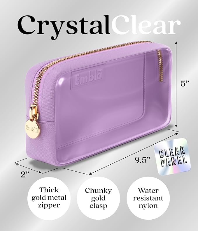 Embla Medium Clear Makeup Bag Travel for Toiletries Cute Make Up Nylon Organizer Pouches Quart Size Cosmetic Bags for Women Girls Zipper Toiletry Skincare Pouch Organizer for Purse Purple