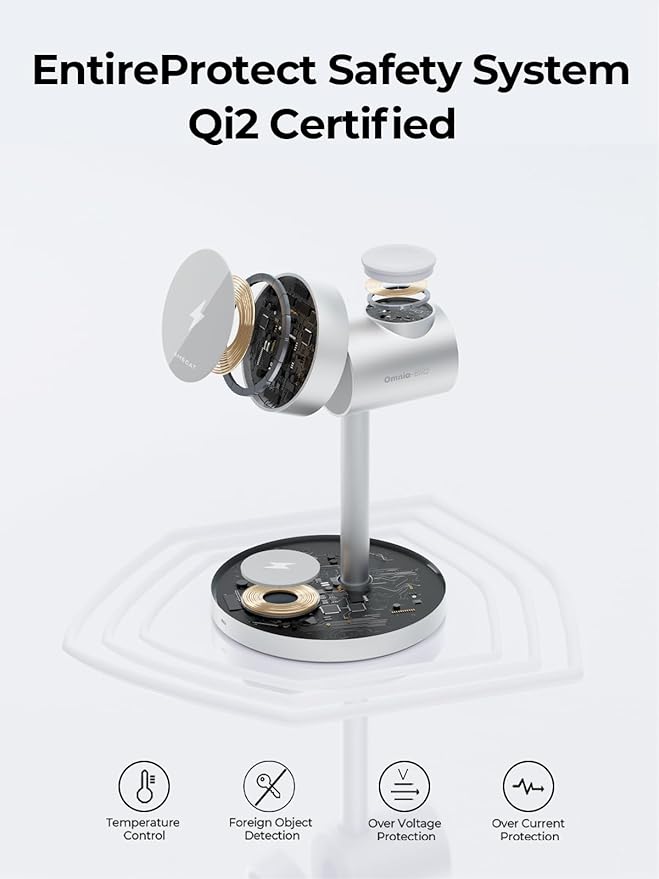 3-in-1 Fast Wireless Charging Station for MagSafe, Qi2 Certified Wireless Charger Stand, Magnetic Charger, MagFusion Wireless Charger for iPhone 17/16/15/14/13/12 Series, Apple Watch, AirPods, Silver
