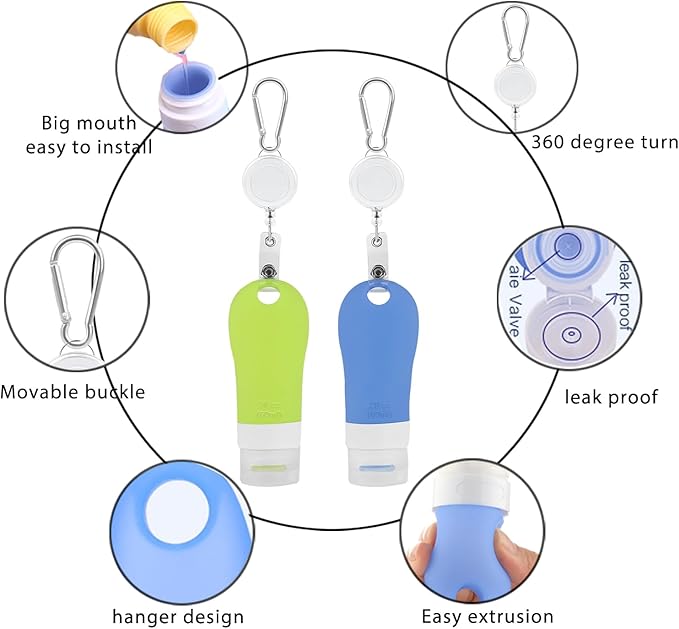 LUEXBOX 4 PACK Portable Travel Bottle Set, Leakproof Silicone Bottles with Stretchable Lanyard, Travel Sized Empty Liquid Bottles Container, Reusable, Squeezable and Refillable (Blue & Green)