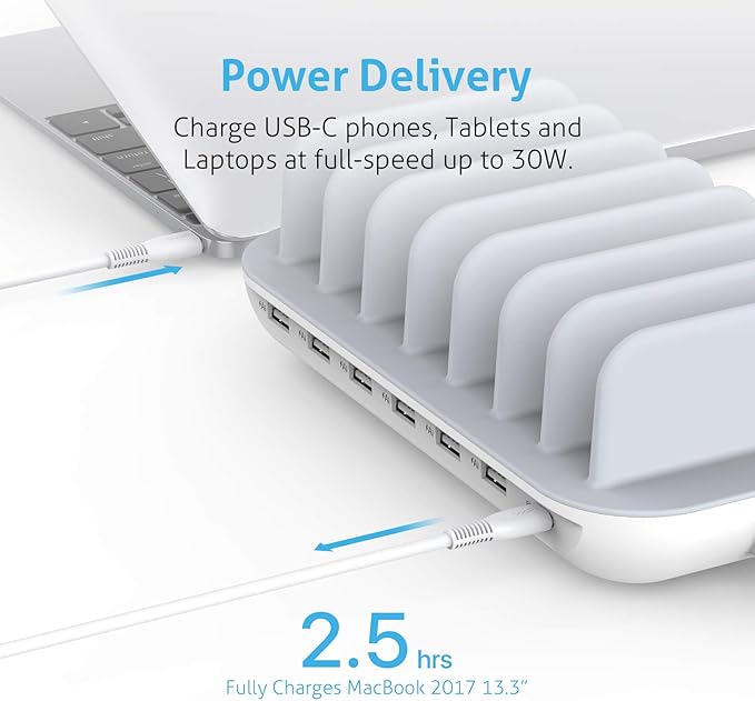 SooPii 70W 7 Port Charging Station for Multiple Devices,Charger Station with One 30W Power Delivery Port for Laptops,and 6 USB Ports for Smart Phones,Tablets,Other Electronics, White