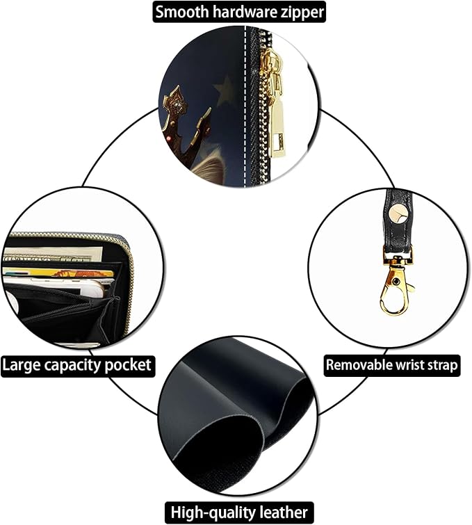 Women's Large Capacity Wallet PU Leather Zip Around Clutch Purse Multifunctional Wallet with Removable Wristlet Strap for Smart Phone/Coin/Card/Cash, Cat Wearing Crown