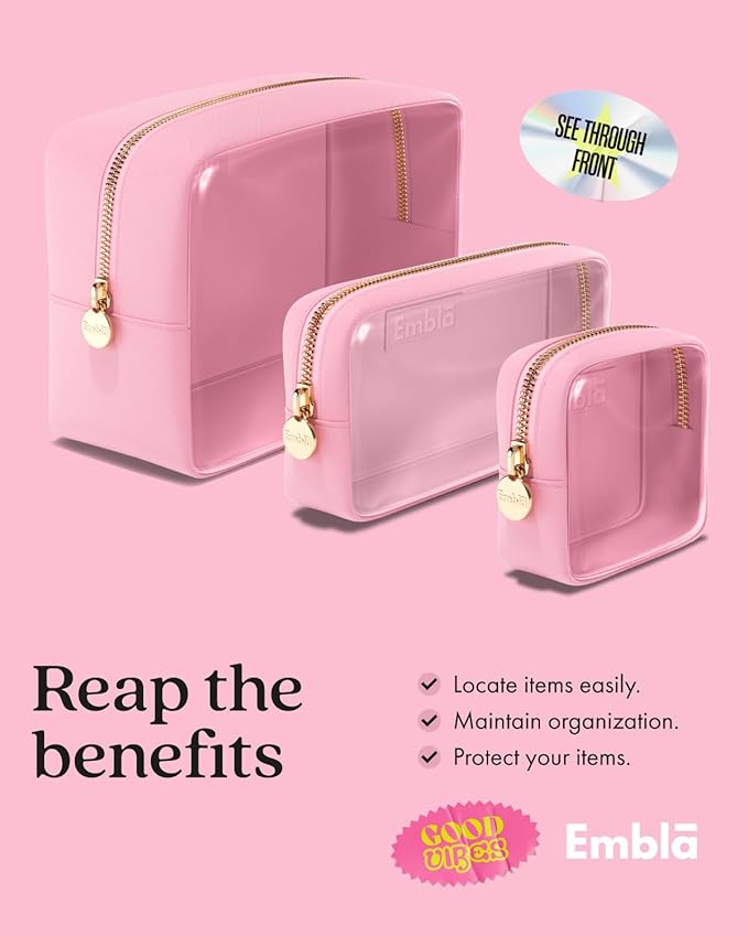 Embla 3 Piece Clear Makeup Bag Set for Toiletries Large Medium Small Skincare Organizer Zipper Pouches Travel Toiletry Bathroom Bags Women Girls Cute Make Up Cosmetic Nylon Pouch Light Pink
