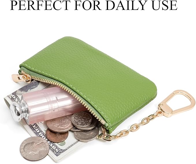 Full Grain Leather Coin Purse with Key Chain - Small Change Purse Keychain Card Holder Keychain Pouch Small Keychain Wallet for Women and Men (Grass Green)