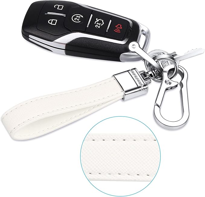 QBUC Genuine Leather Car Keychain,Universal Heavy Duty Metal Key Chain Accessories,Car Fob Key Keychain Holder with 360 Degree Rotatable Snap Swivel and Anti-Lost D-Ring for Men Women(White)