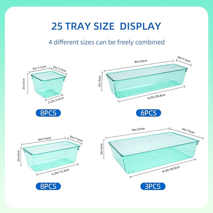 Kitchen Desk Drawer Organizers Storage for Office, Small Acrylic Vanity Trays Makeup for Drawer Bathroom Plastic Make up Organizers 25 Pcs Green