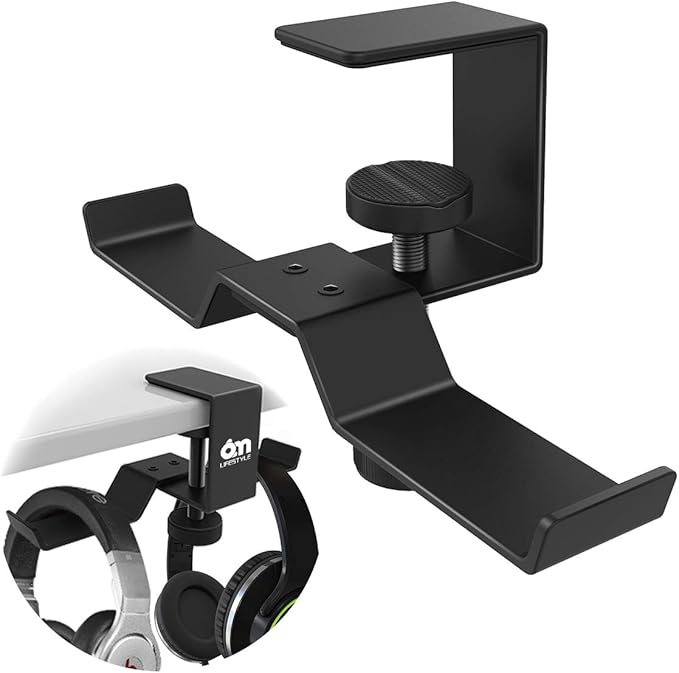 6amLifestyle Under Desk Dual Headphone Hanger, Metal Headset Stand Gaming Earphone Holder Universal Clamp on Desk Hanger Hook for All Headsets, Black (Patent)