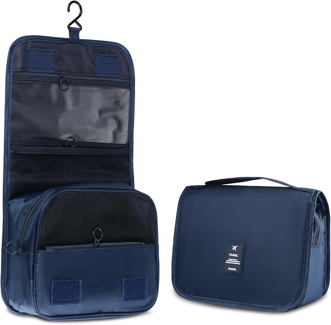 Foldable Hanging Travel Toiletry Bag,Waterproof Portable Travel Bags, Multifunction Travel Makeup Cosmetic Bag Organizer with Hanging Hook (Dark Blue)