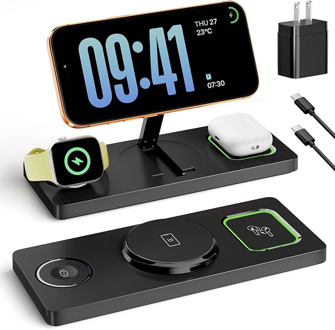 Foldable 3 in 1 Charging Station for Magsafe, Magnetic Phone and Watch Charger Stand for Apple Devices, Wireless Desk Charger Dock for iPhone 17 16 15 14 13 12 Series, Apple Watch and Airpods