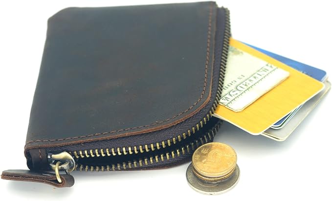JJNUSA Genuine Leather Zipper Coin Purse Wallet With Key Car Smart Holder, Change Purse, Coin Pouch Holder For Men (Darkbrown)