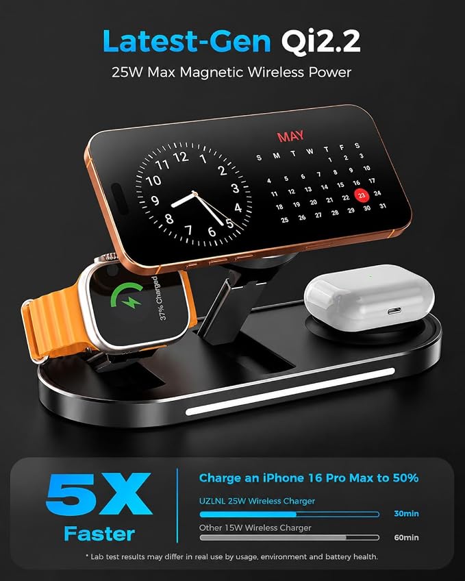 25W Foldable 3 in 1 Charging Station for Apple,Magsafe Charger Qi2.2 Certified Magnetic Wireless Charger Station for iPhone 17 16 15 14 Pro Max,Apple Watch,Airpods,Black (Adapter Included)