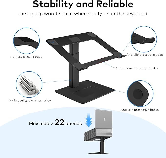 Laptop Stand for Desk, Ergonomic Aluminum Laptop Stand Adjustable Height from 7-15", Sitting and Standing Laptop Riser for 10-17" Notebook