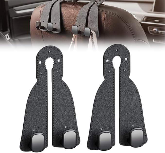 Headrest Hooks for Car, 2026 New Leather Headrest Hooks for Car, Multifunctional Double Hook Holder for Convenient Storage, Auto Hooks Organizer for Handbag Purse Coat Bags (Black,2)
