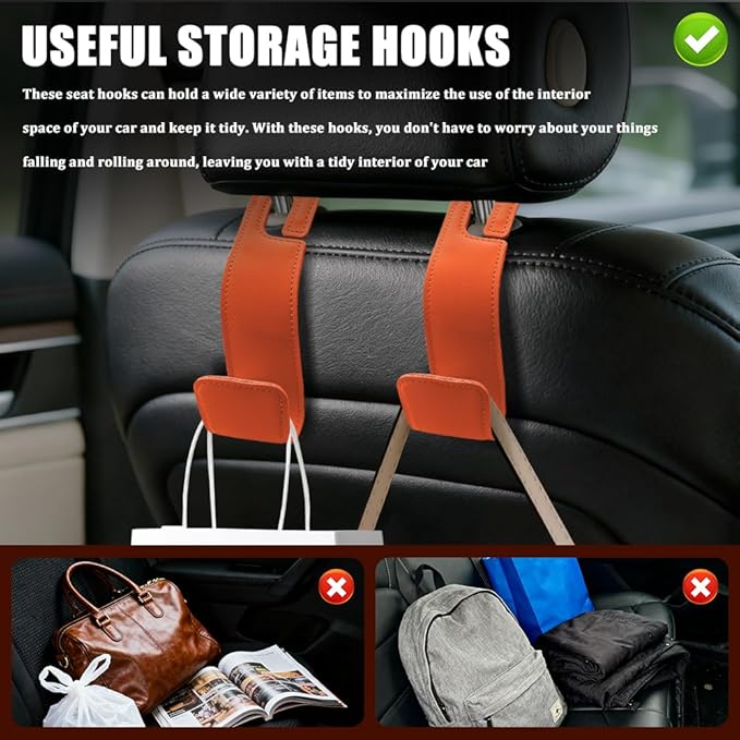 2PCS Car Seat Headrest Hooks, Purse Hook for Car, Automotive Headrest Handbags Holder, Auto Accessories Leather Seatback Organizer Hanger for Hanging Purses Bags Coats (Orange, 2PCS)