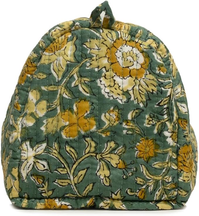 Cotton Hand Block Floral Print Toiletry Bag For Women Make Up Cosmetic Bag Jewelry Organizer Kit Storage Bag Case Travel Accessories Essentials Toiletries Purse Open Pouch, Green (9.25"x 6.88"x 4.5")