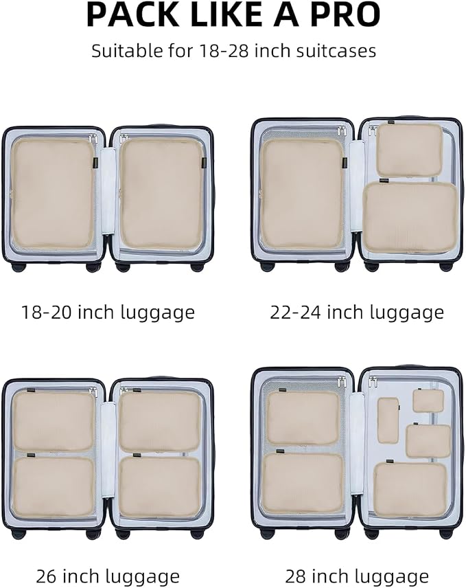Compression Packing Cubes for Travel, 6-Piece Set (Large/Medium/Small), Double-Zip Luggage Organizers for Suitcase & Carry-On, Clothes Storage Bags (Classic Khaki, 6 Pack)