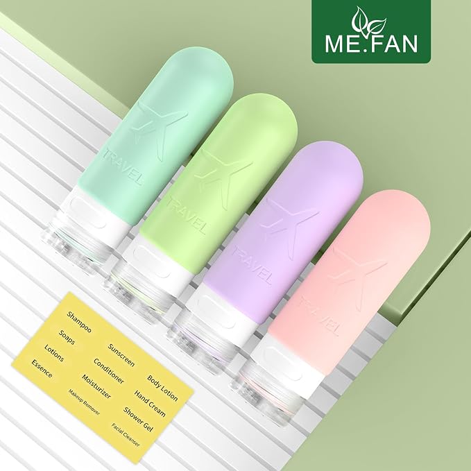 ME.FAN Travel Bottles for Toiletries,3oz Silicone Travel Size Containers, TSA Approved Squeezable Portable Split Bottle, Travel Accessories for Conditioner Shampoo Lotion - 4 Pack Bright