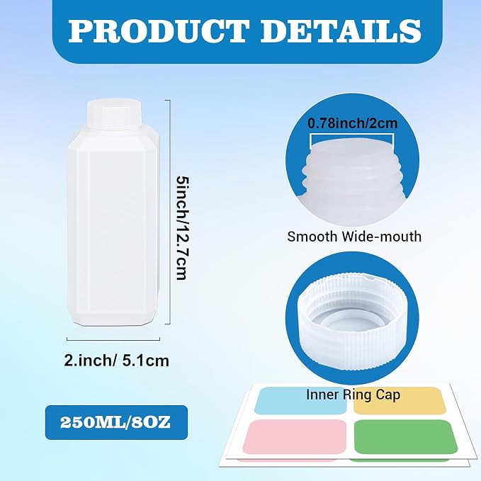 DEMORA 8oz Small Square Plastic Travel Bottles, Reusable Leak Proof Liquid Containers with Caps and Stickers for Pill, Water, Juice (Translucent, 6 Pcs)