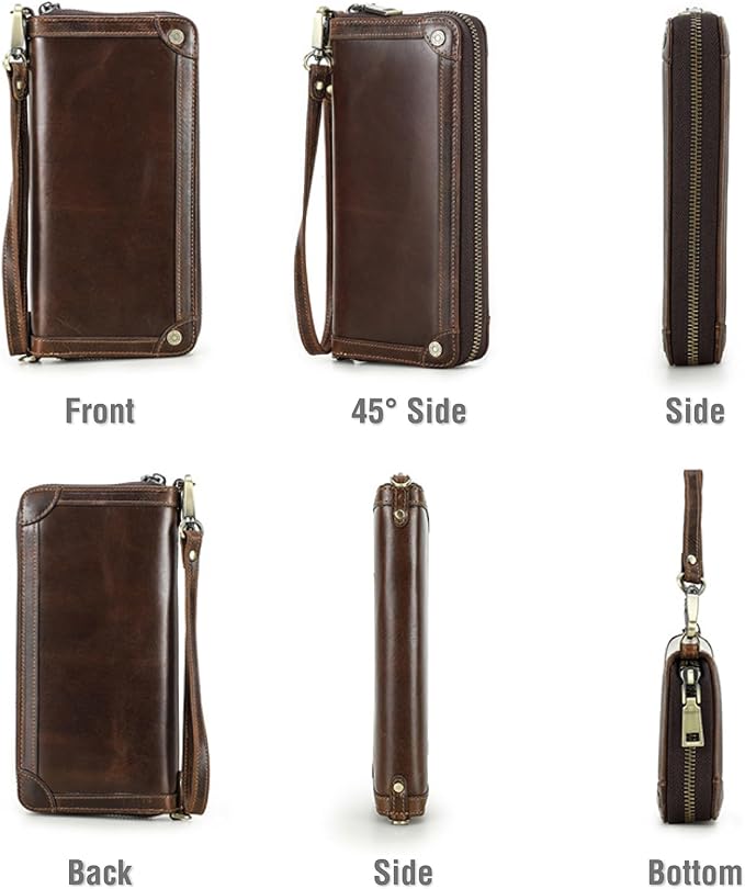 Top Grain Genuine Oiled Leather Clutch Wallet for Man & Woman, Handmade Vintage Design, Multi Pockets & Slots & Detachable Wristlets, RFID Large Capacity for Cards/Checks/Money/Passport, Red Coffee