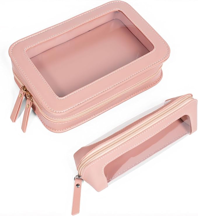 LETGO 2Pack Clear Makeup Bags Set, Clear Travel Makeup Brush Holder, Portable Leather Travel Toiletry Bag Pink Car Accessories for Women
