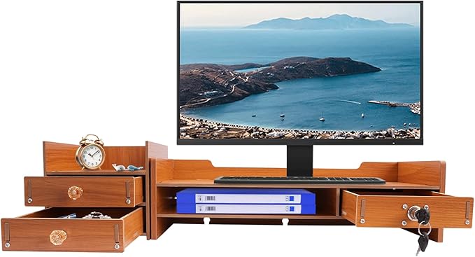Monitor Stand Riser 25.8" Bamboo Desk Organizer with Drawer and Mobile Phone Holder, Natural Bamboo Shelf for Computer, Laptop, Office Accessories, Multi-Purpose for Home Office