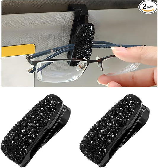 Wevdn 2 PCS Car Sun Visor Glasses Holder, Fashion Bling Car Eyeglasses Sunglasses Hanger for Women Girls, Glasses Holder Clip Hanger Mount with Ticket Card Clip, Car Accessories (Black)