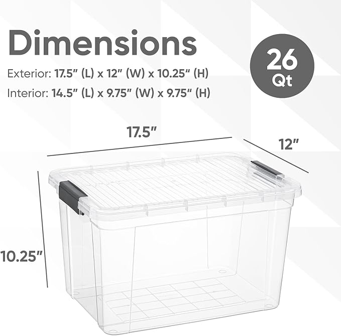 Superio Clear Storage Boxes with Lids, 26.5 Quart Plastic Container Bins for Organizing, Stackable Crates, BPA Free, Non Toxic, Odor Free, Organizers for Home, Office and Dorm, 3 Pack