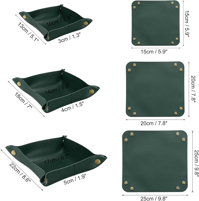 uxcell 3 Pack PU Leather Tray, Jewelry Tray for Women and Men, Glossy Leather Desk Organizer Portable Catchall Tray for Jewelry Key Coin Watch Wallet, Green