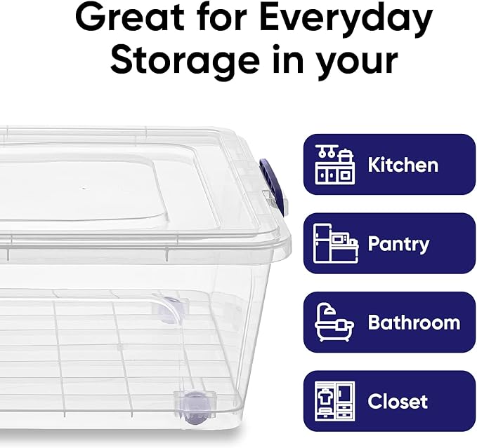 Superio Under Bed Storage Containers with Wheels (3 Pack), Flat Clear Storage Bin Stackable Large Storage Latch Box with Lids Store Cloths, Bedding, Linen, For Under The Bed, Garage, Home