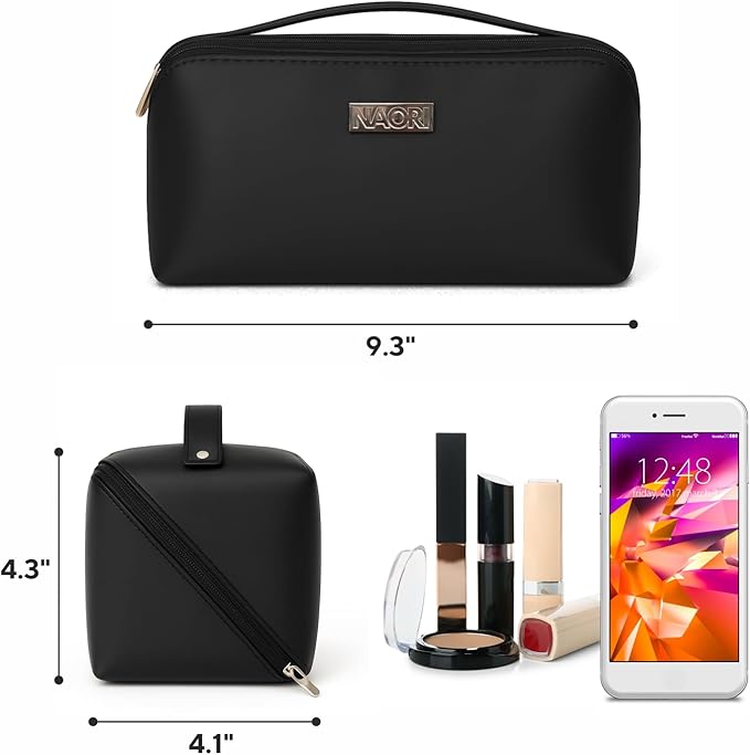 NAORI Travel Makeup Bag for Women | Large Luxury Cosmetic Organizer with Handle & Inner Pockets | Waterproof Faux Leather Toiletry Bag | Makeup Case for Home, Travel & Gifting (Elegant Black)