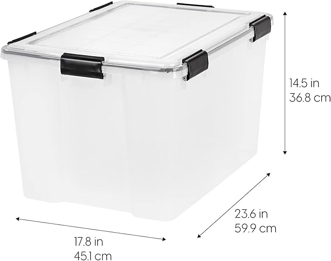IRIS USA WeatherPro 74 Qt Storage Bins with Lids, 4 Pack, BPA-Free Plastic Gasket Box with Tight Latch and Seal, Stackable Nestable Tote Tub - Clear/Black