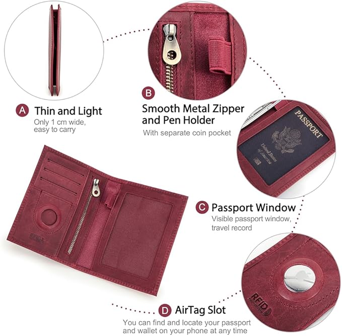 CONTACTS Full Grain Leather Passport Holder RFID Blocking Travel Passport Wallet Compatible with Airtag Passport Cover Case with 4 Cards Slots, Coin Pocket (Wine Red)