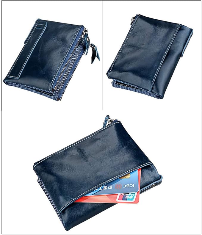 Men's Folding Double Zip Wallet RFID Blocks Retro Short Coin Purse