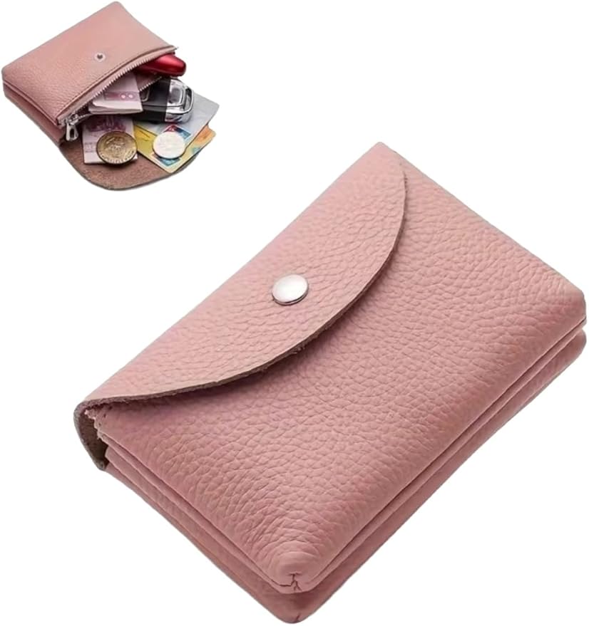 Genuine Real Leather Coin Purse Small Wallet for Women Men, Card Holder Case, Jewery Lipstick Organizer (Pink)