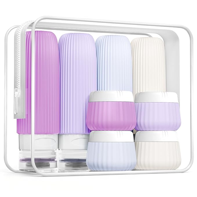 Mrsdry Travel Bottles for Toiletries 8 Pack, Tsa Approved Travel Size Toiletries 3 oz, Travel Containers for Toiletries, with Clear Bag, Leak Proof Silicone Squeezable Travel Essentials Creams Jars