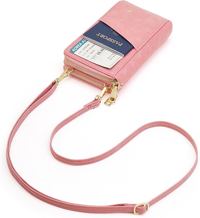GOIACII Passport Wallet Travel Crossbody Bags for Women Wristlet Phone Purse Double Zip Vegan Leather Pink