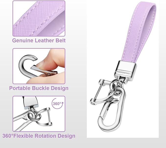 QBUC Genuine Leather Car Keychain,Universal Heavy Duty Metal Key Chain Accessories,Car Fob Key Keychain Holder with 360 Degree Rotatable Snap Swivel and Anti-Lost D-Ring for Men Women(Lavender Purple)