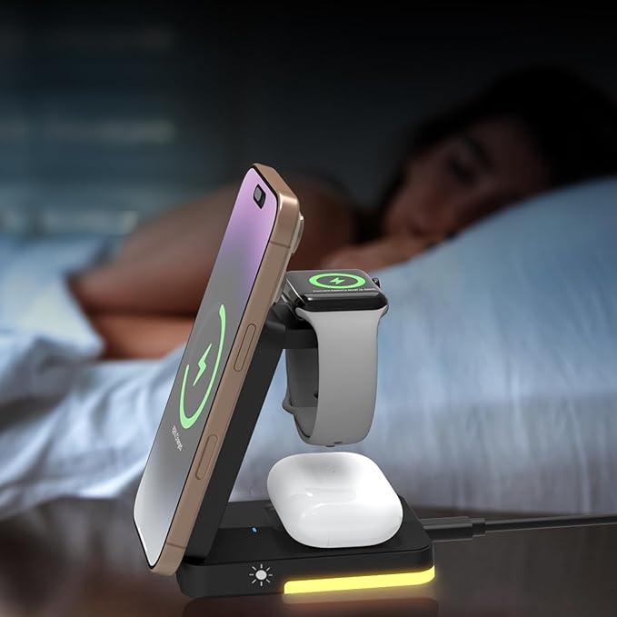 3-in-1 Travel Magnetic Charging Station for iPhone 17/17 Pro/17 Pro Max/Air/16 15 14 13 12 Pro Max Plus mini/Apple Watch/Airpods, Foldable Portable Wireless Charger Stand with Night Light-Black