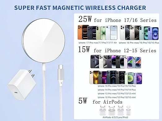 [Apple MFi Certified]25W MagSafe Magnetic Fast Wireless Charger,6FT Extra Long USB-C Cord Wireless Charging Pad Compatible with iPhone 17ProMax/17 Air/16 ProMax/15 Pro/14/13,AirPods 3/2/Pro All Models
